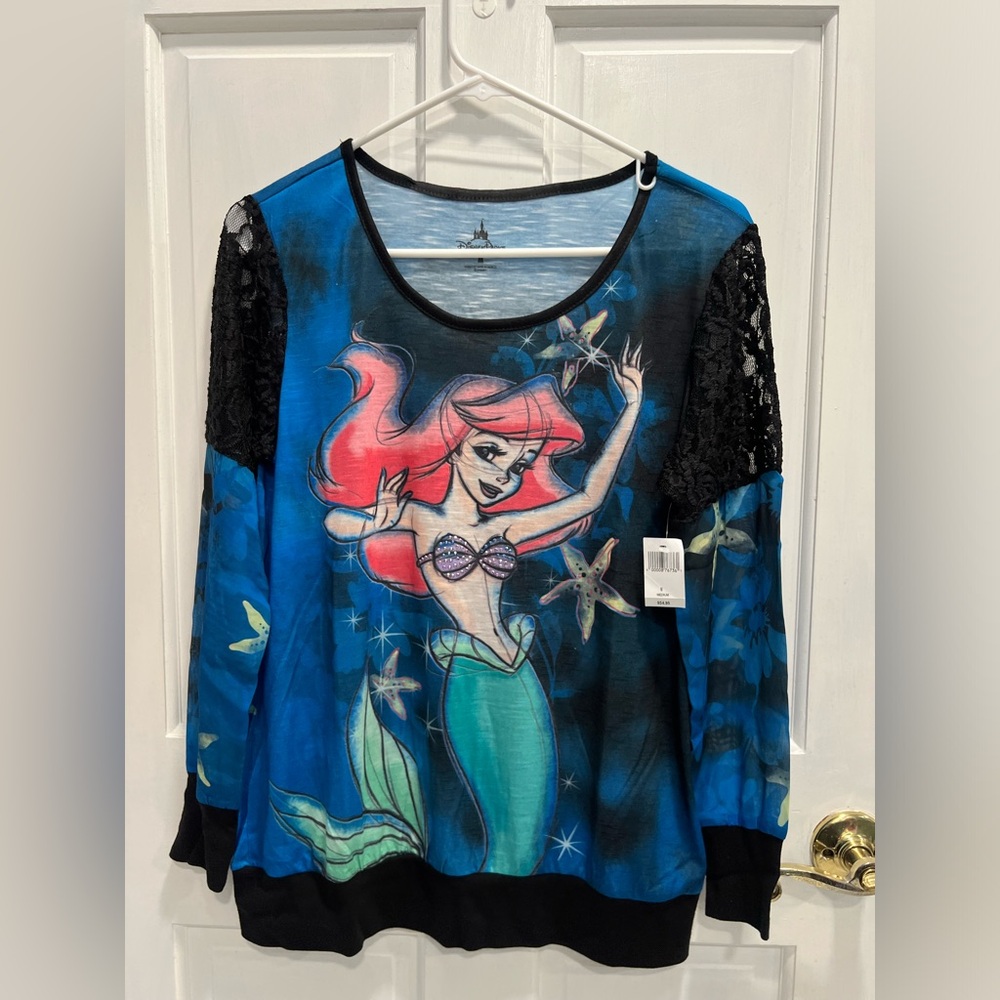 DISNEY PARKS NWT The Little Mermaid Ariel Lace Gems Blue Black Shirt Sz MEDIUM